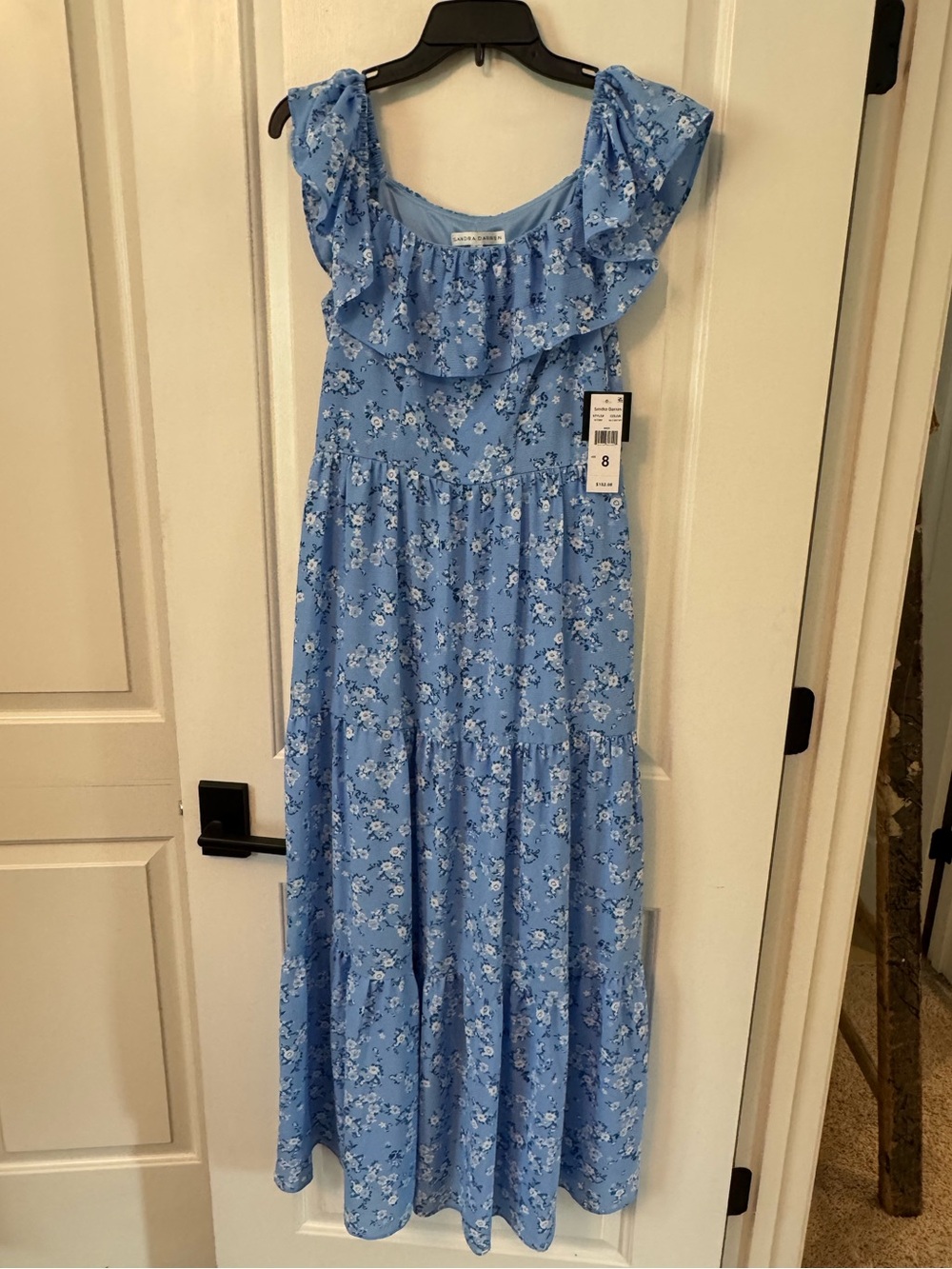 NWT Sandra Darren Light Blue Floral Ruffle Maxi Dress